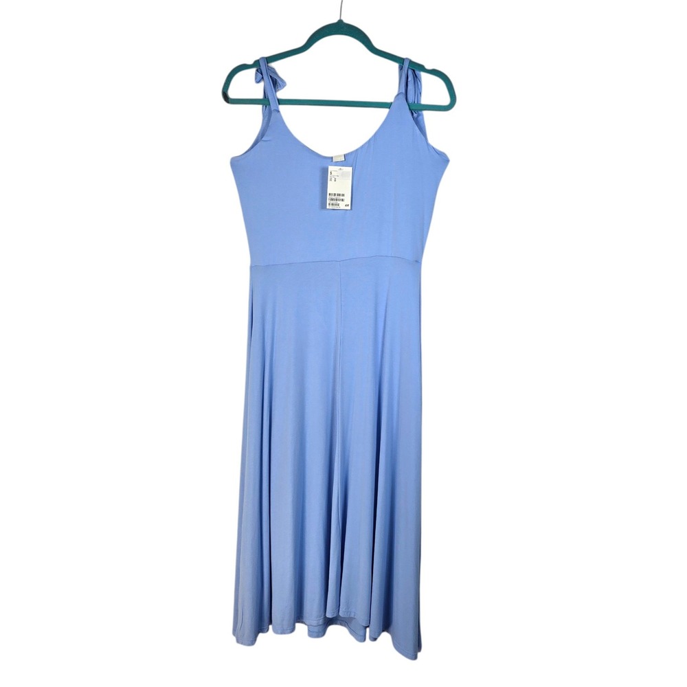 H&M Light‎ Blue Tie Shoulder Midi Dress Medium V-Neck Fit Flare Jersey Knit NEW